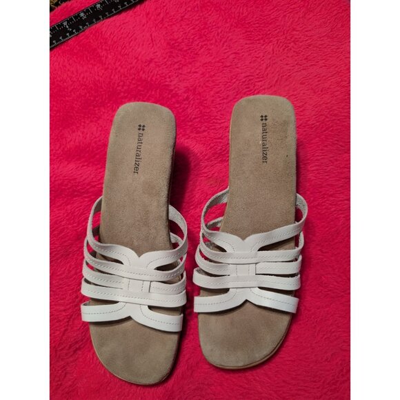 Naturalizer White Leather Slide Sandals 11M Comfort 2.75" Block Heel Shoes - Picture 1 of 6
